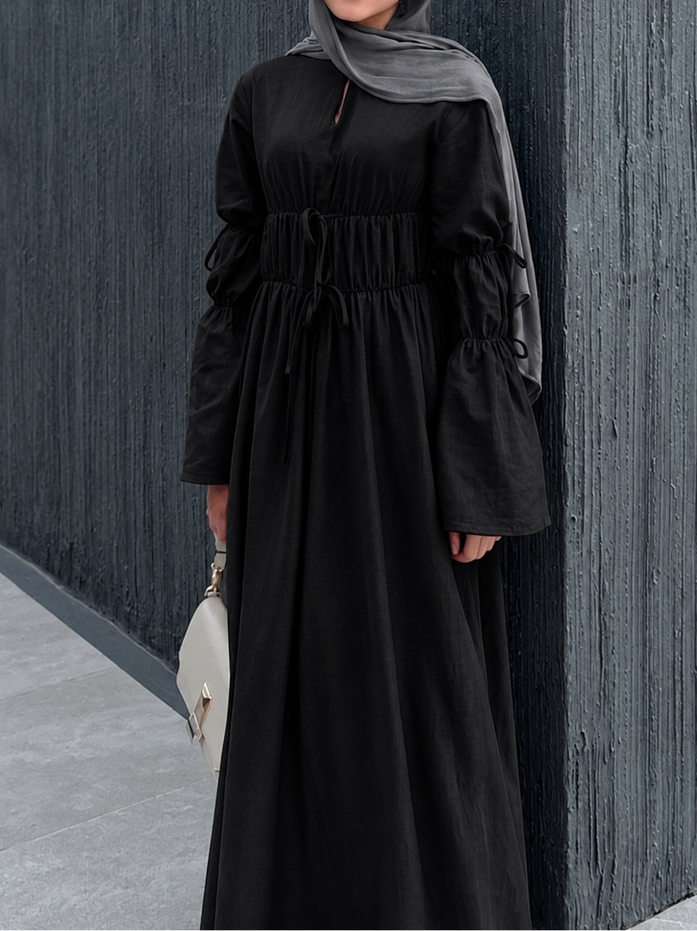 Black linen Long Sleeve Maxi Dress with Drawstring Waist and sleeves
